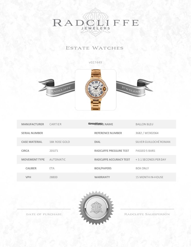 Cartier Ballon Bleu 33mm Womens watch Automatic Rose gold WE902064  3682 7