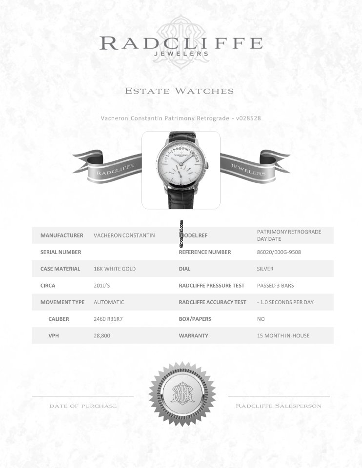 Vacheron Constantin Patrimony Mens watch Unisex Automatic White gold 86020 7