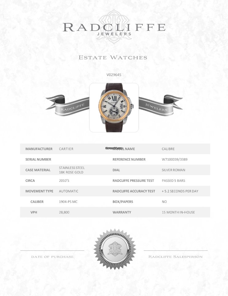 Cartier Calibre de Cartier Mens watch Unisex Automatic Gold Steel W7100039  3389 7